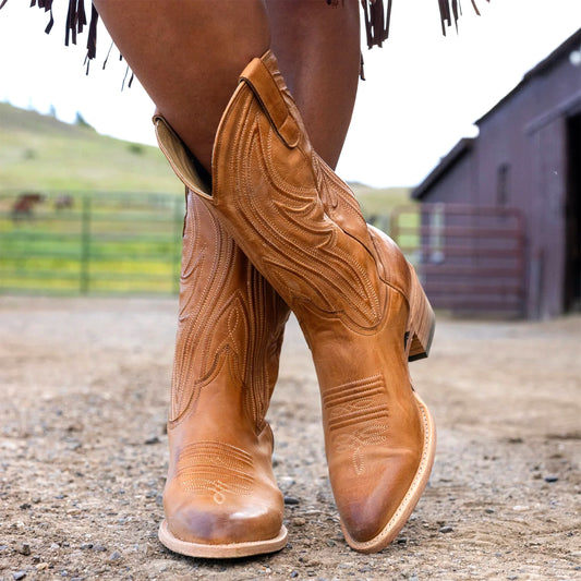 Tan Almond-Toe Embroidery Classic Mid Calf Cowgirl Boots