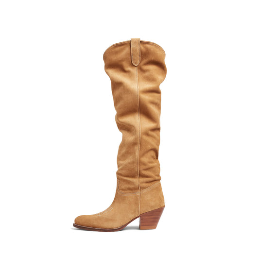 Tan Faux Suede Round-Toe Wide Calf Over-The-Knee Cowgirl Boots