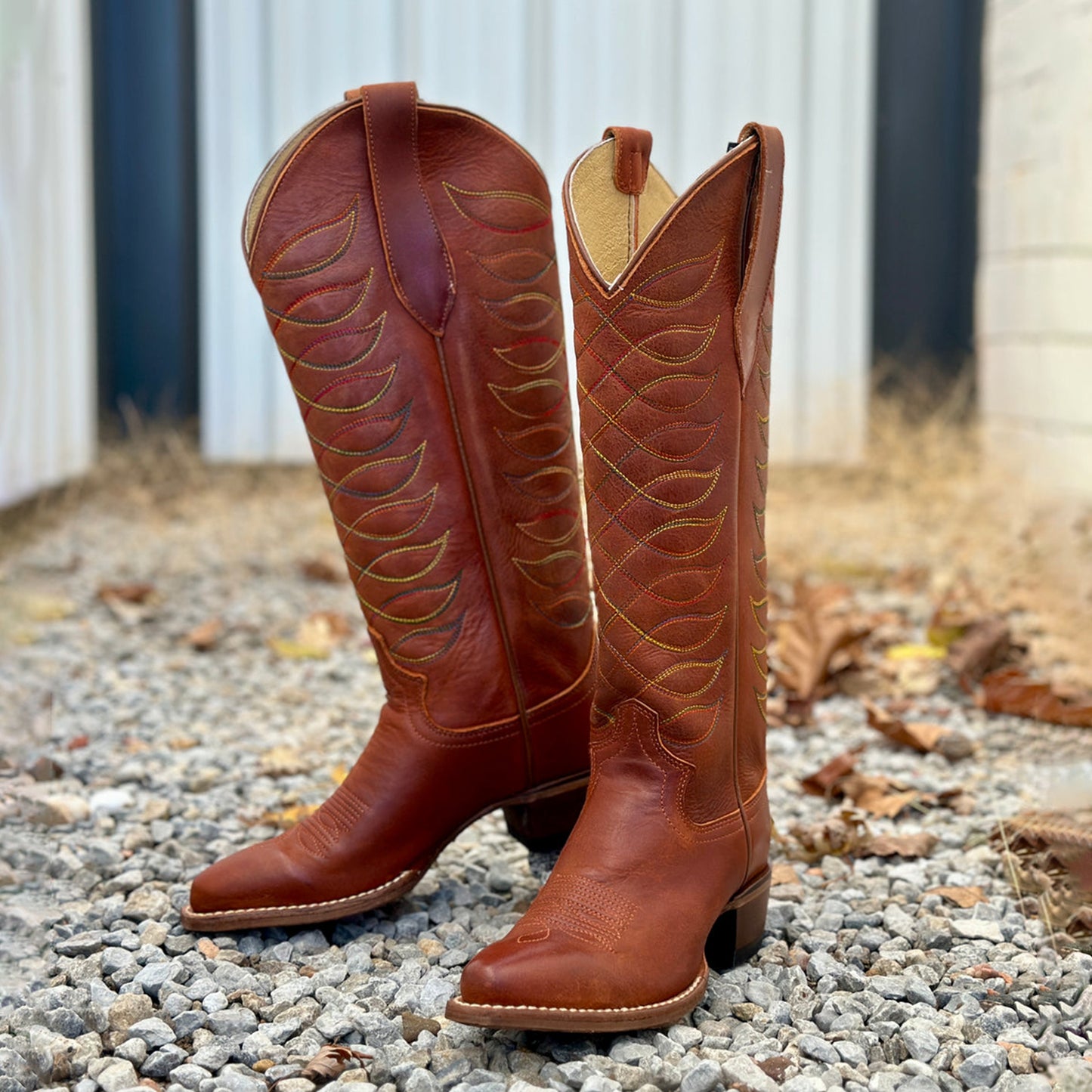 Amber Snip-Toe Colorful Embroidery Wide Calf Knee High Cowgirl Boots