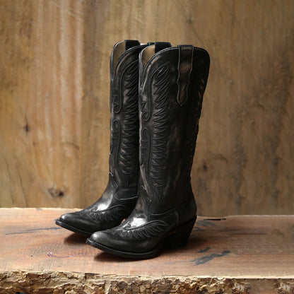 Blacked Bone Almond-Toe Embroidery Wide Calf Knee High Cowgirl Boots