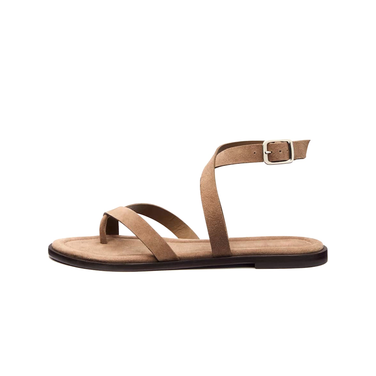 Brown Faux Suede Round-Toe Front And Ankle Strap Sandals Flats