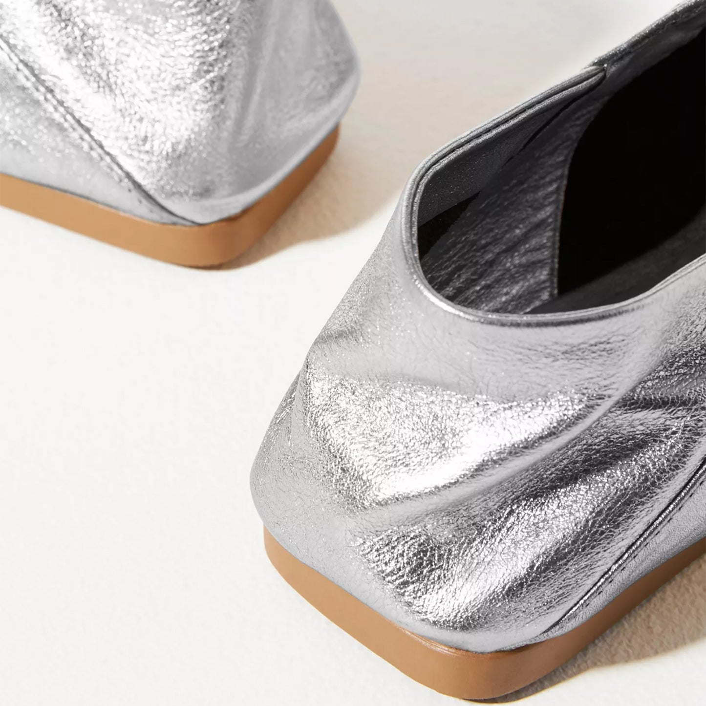 Metallic Sliver Square-Toe Center Lace-Up Ballet Flats
