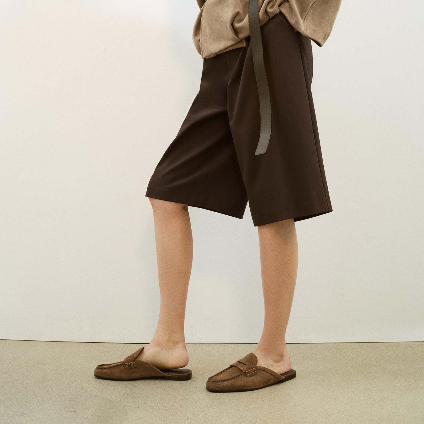 Brown Faux Suede Round-Toe Backless Slip-On Loafers Flats