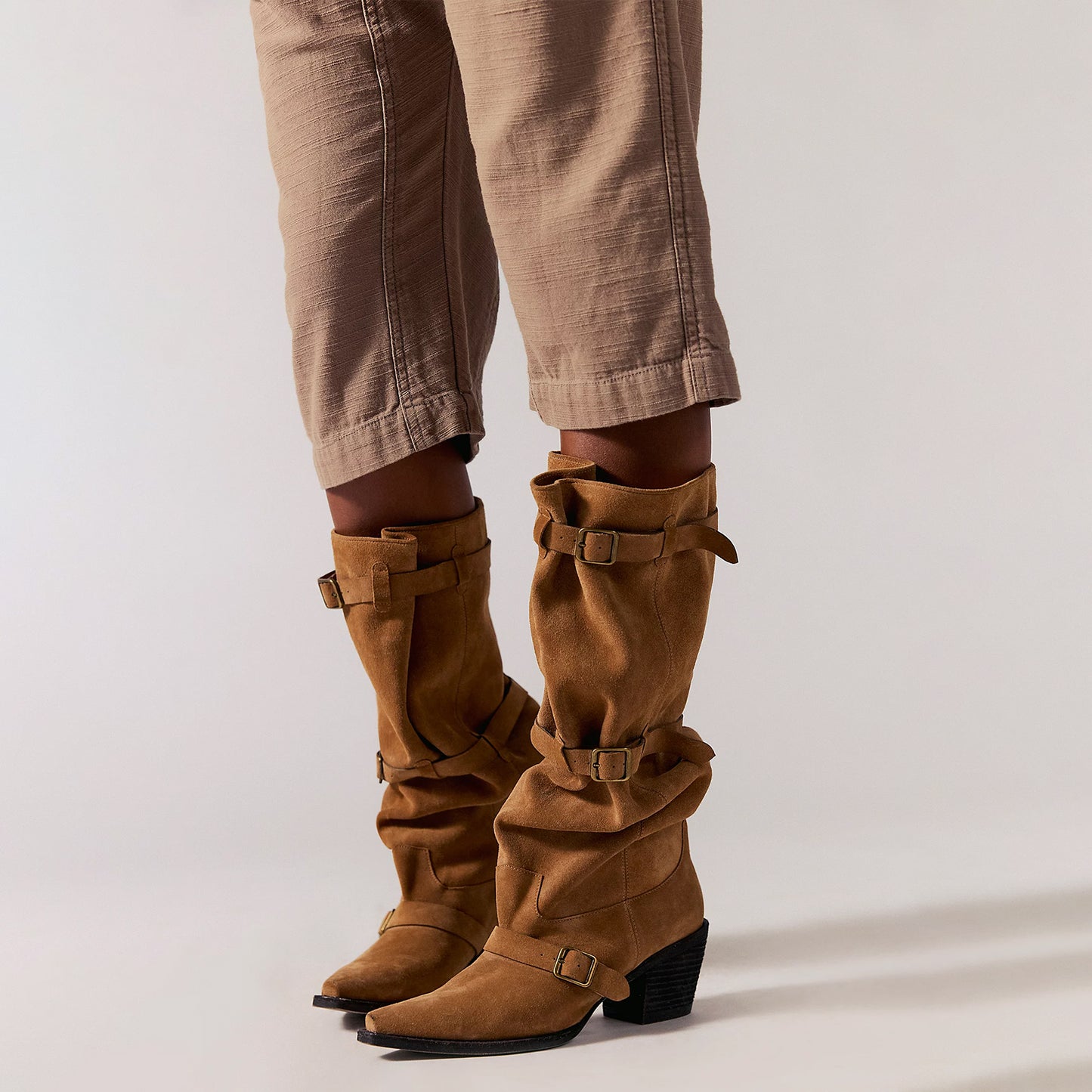 Tan Faux Suede Snip-Toe Three Buckle Straps Wide Calf Knee High Cowgirl Boots
