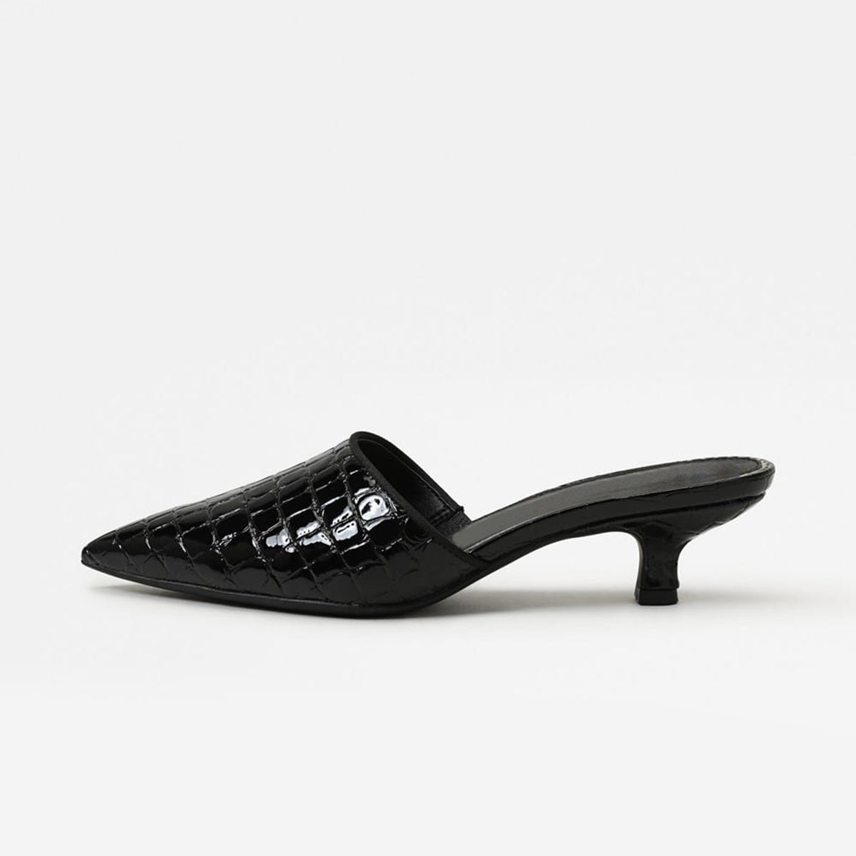 Black Stone Pattern Vegan Leather Pointed-Toe Backless Chic Kitten Heels