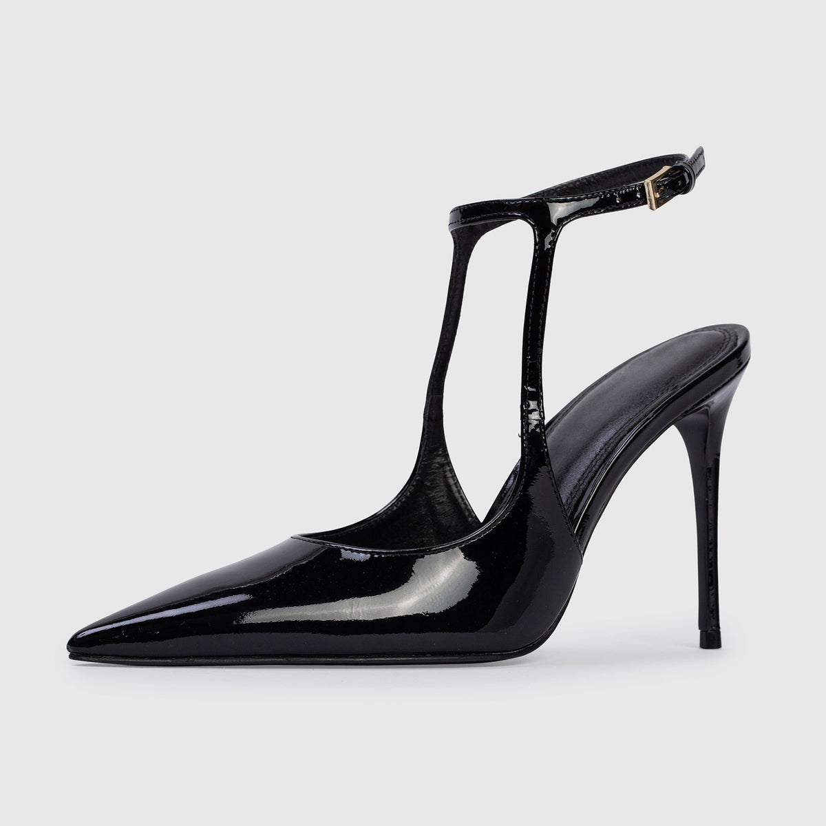 Patent Black Pointed-Toe Ankle Strap With Buckle Chic High Heels