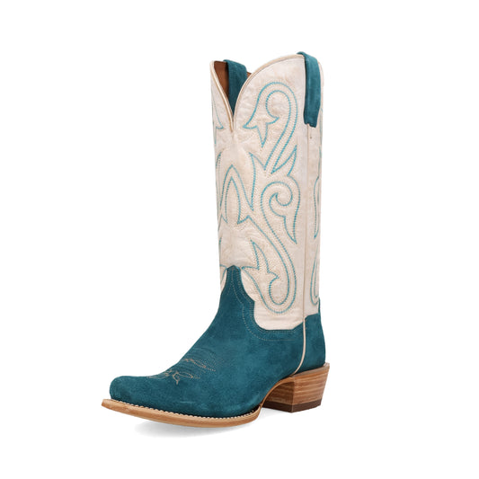 Contrast Ivory Vegan Leather And Turquoise Faux Suede Square-Toe Embroidery Mid Calf Cowgirl Boots