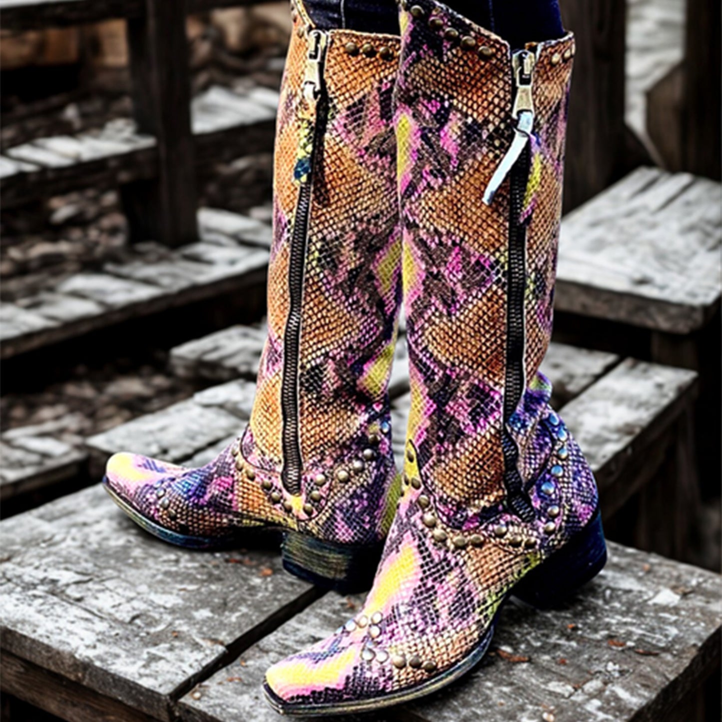 Snakeskin Print Snip-Toe Studs Detail Full-Zip Mid Calf Cowgirl Boots