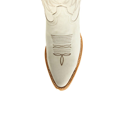 Ivory Pointed-Toe Western Embroidery Mid Calf Cowgirl Boots