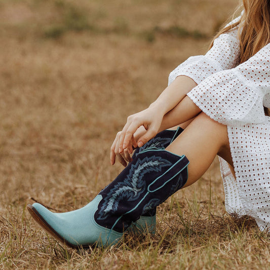 Contrast Lizard Print And Navy Faux Suede Snip-Toe Embroidery And Inlay Mid Calf Cowgirl Boots