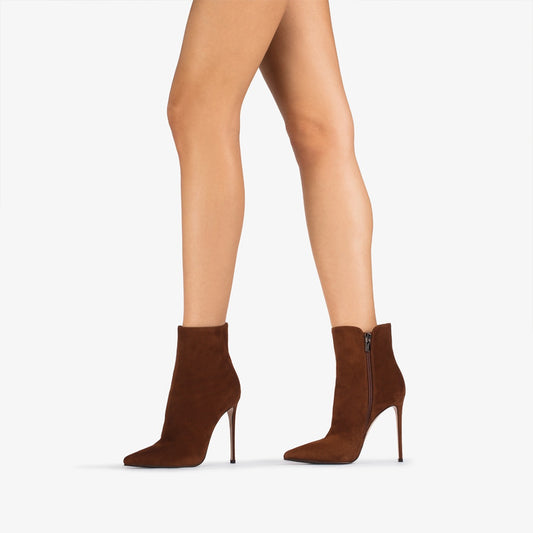 Brown Faux Suede Pointed-Toe Simple Full-Zip Ankle Stiletto Boots