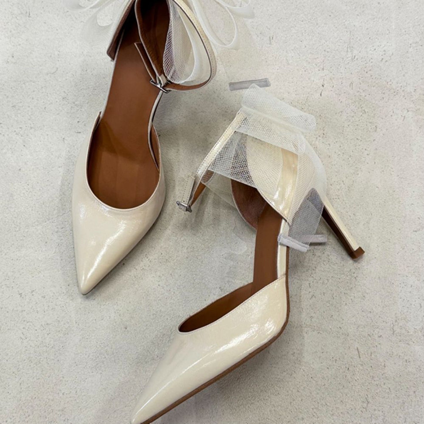 Ivory Pointed-Toe Chic Back Big Mesh Bow And Ankle Strap High Heels