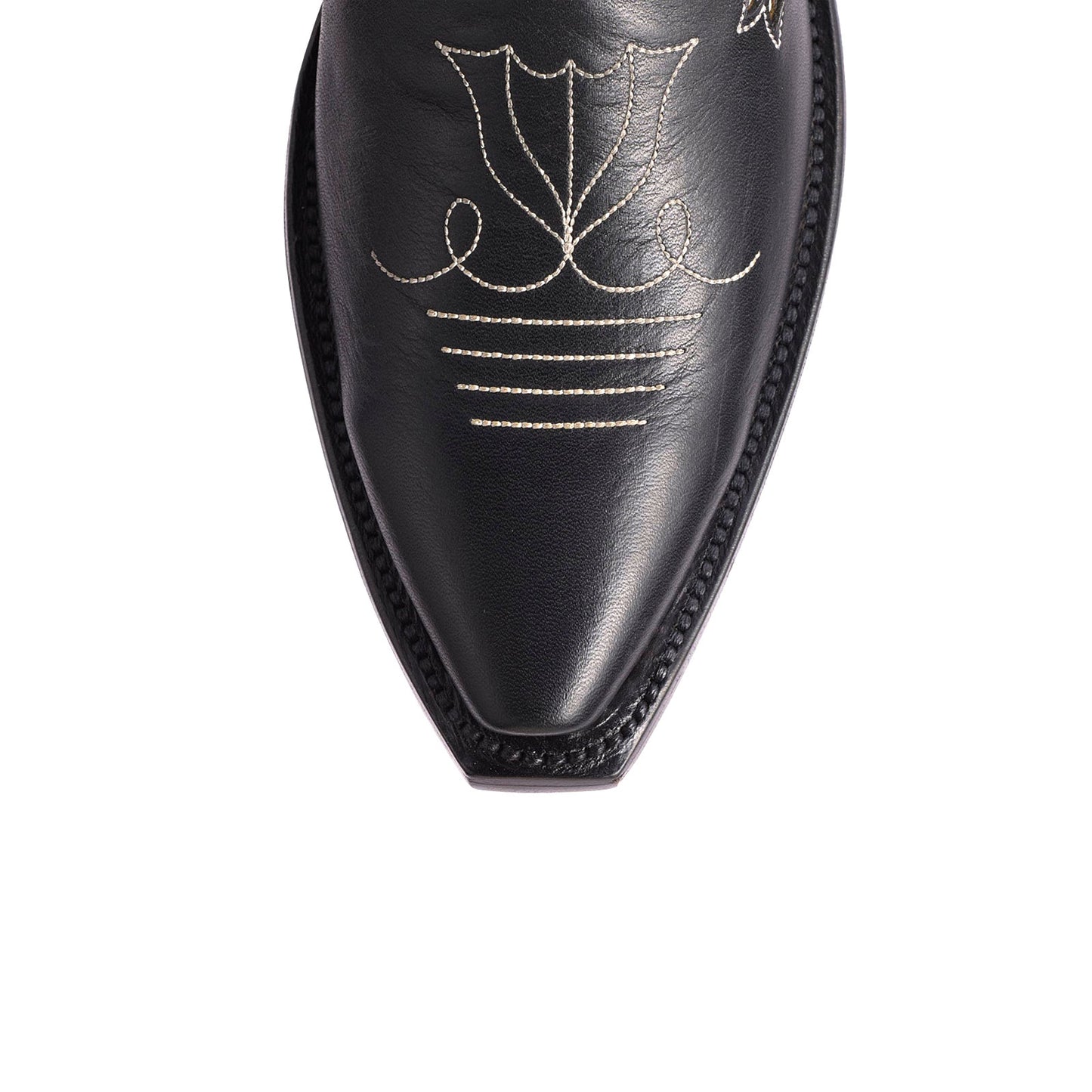 Black Snip-Toe Little Tulips Inlay And Running Stitch Mid Calf Cowgirl Boots