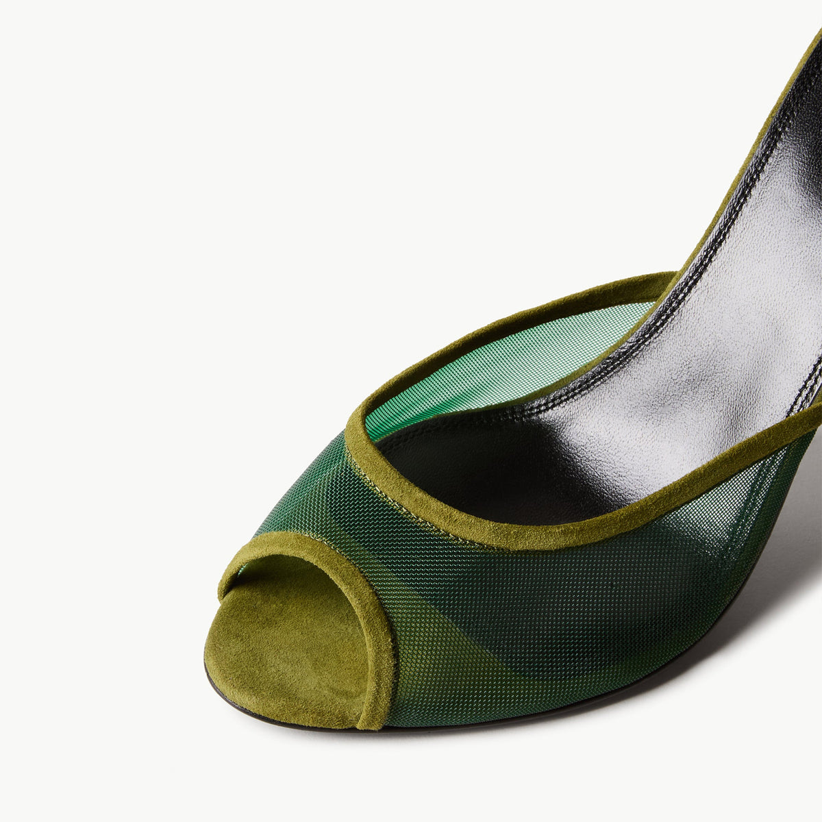 Green Mesh And Faux Suede Peep Round-Toe Backless Pumps High Heels