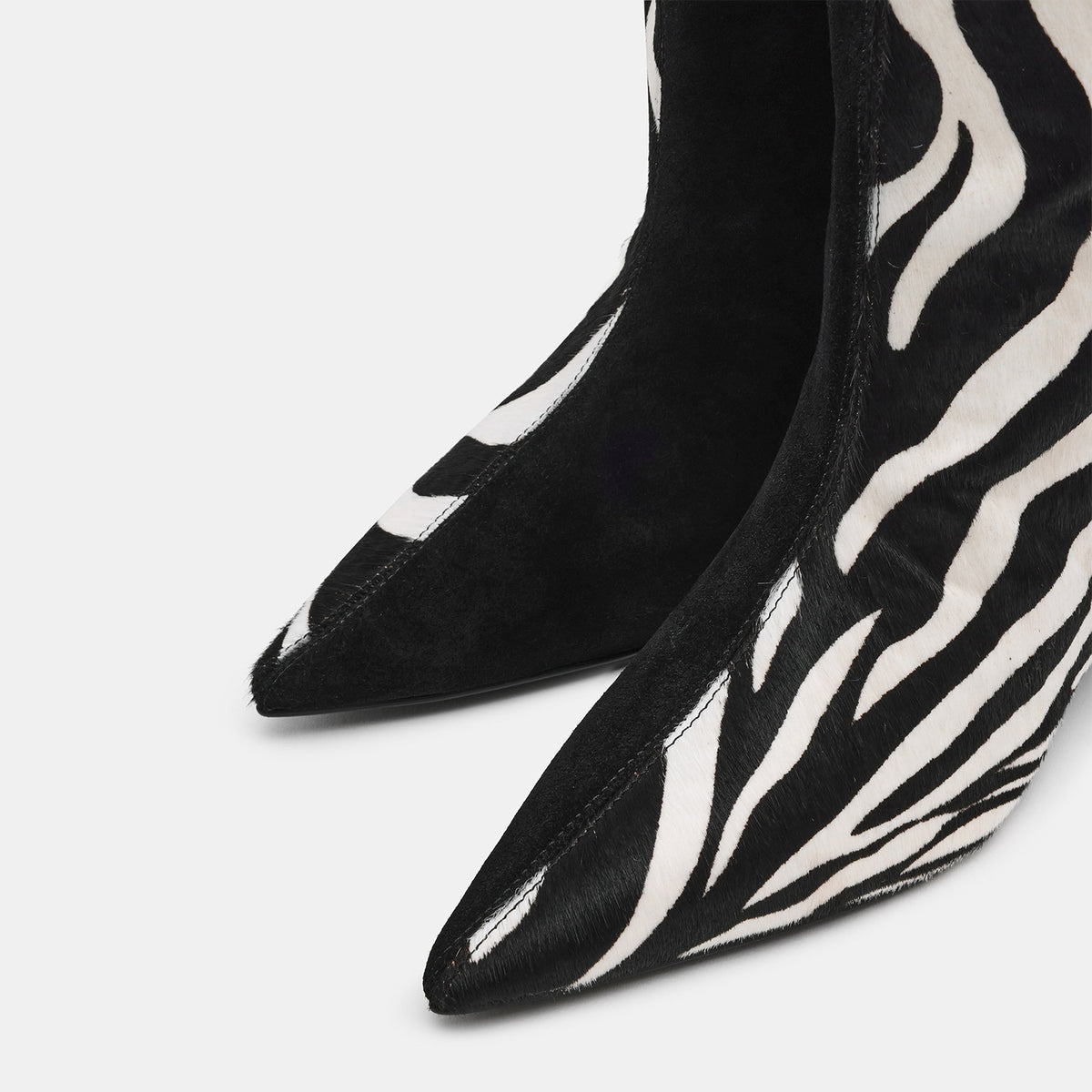 Black Faux Suede And Zebra Pattern Vegan Leather Pointed-Toe Wide Calf Knee High Stiletto Boots