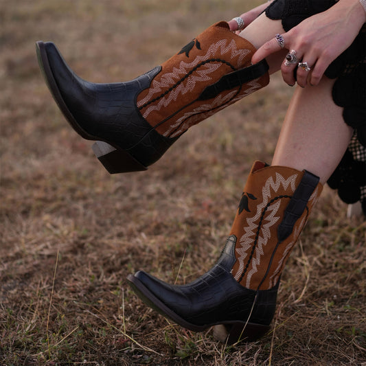 Contrast Tan And Black Snip-Toe Embroidery Mid Calf Cowgirl Boots