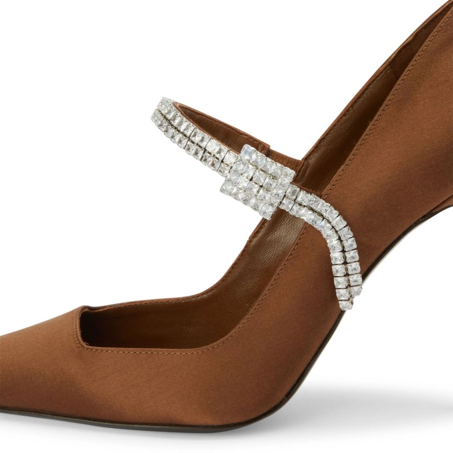 Brown Satin Pointed-Toe Bridge Strap With Crystals High Heels