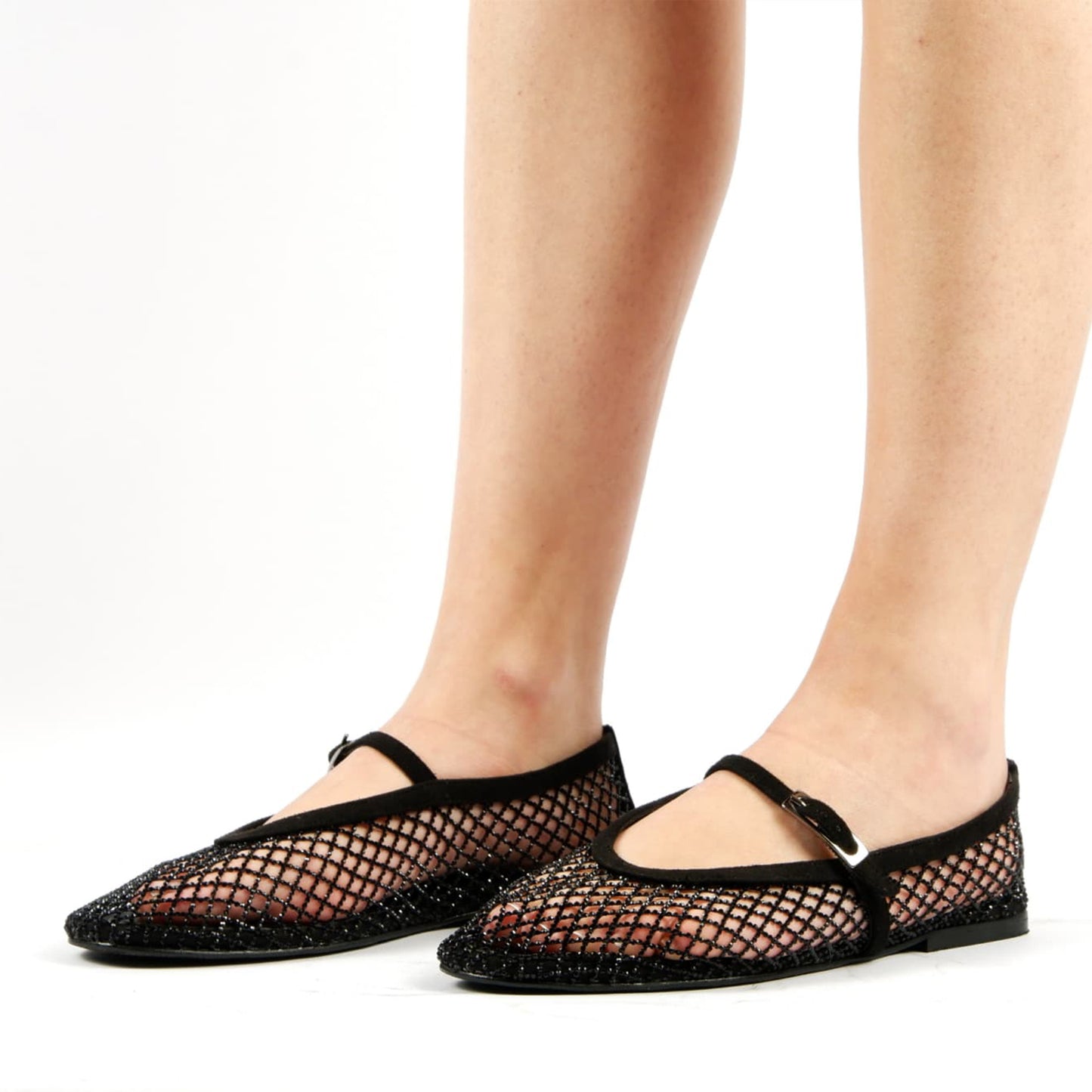 Black Mesh With Rhinestone Round-Toe Mary Jane Ballet Flats