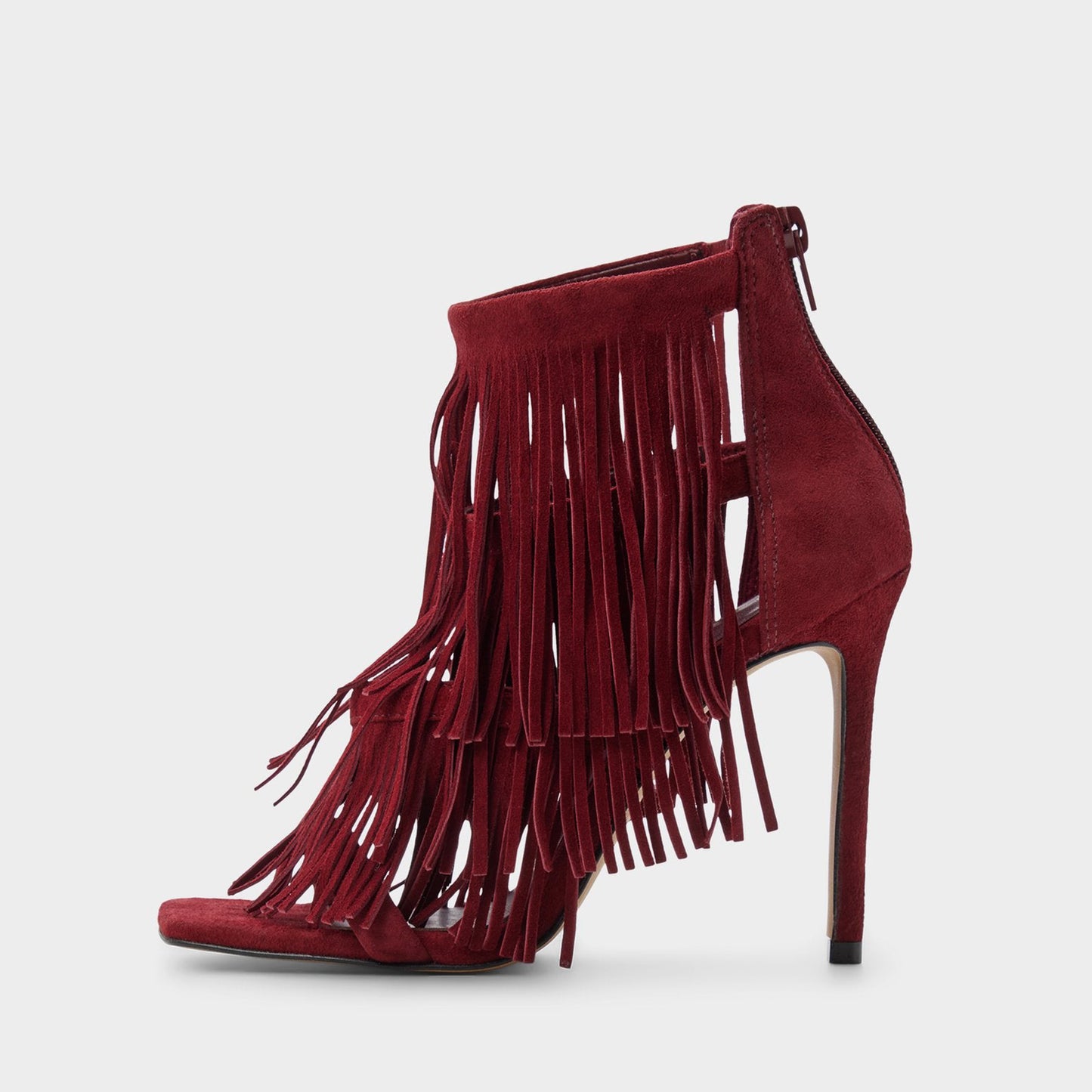 Burgundy Faux Suede Square-Toe Fringe And Strappy Back-Zip High Heels