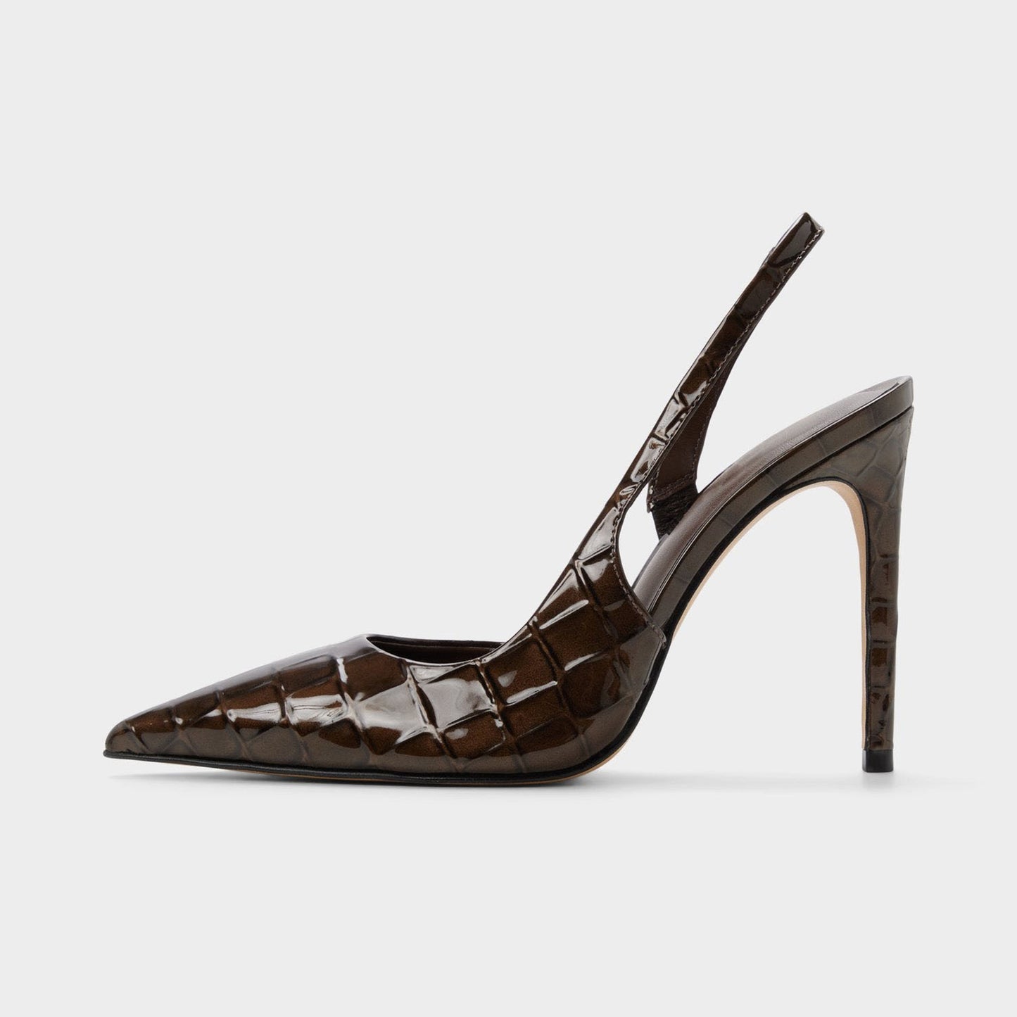 Dark Brown Stone Pattern Patent Leather Pointed-Toe Back Strap High Heels