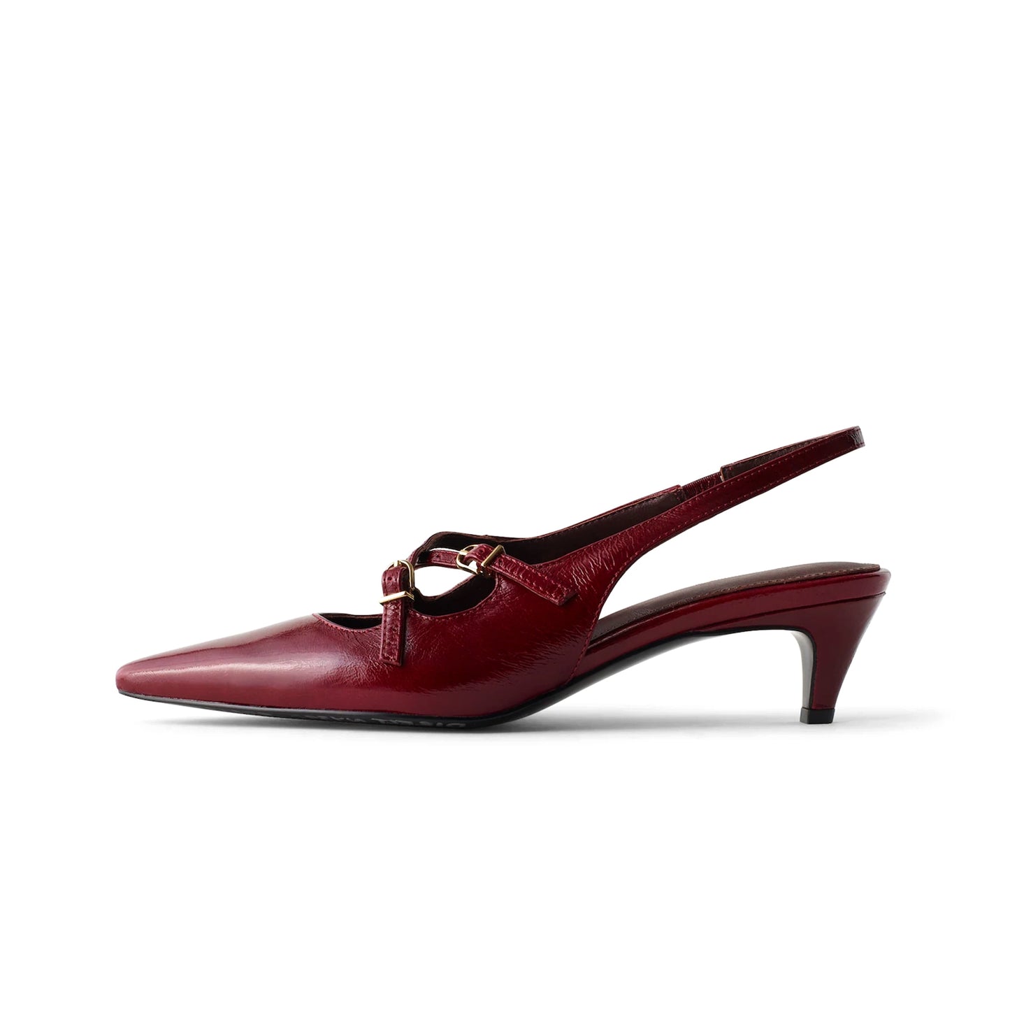 Patent Burgundy Pointed-Toe Cross Straps Slingback Kitten Heels