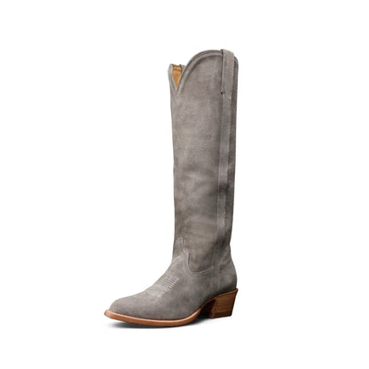 Charcoal Faux Suede Almond-Toe Embroidery Wide Calf Knee High Cowgirl Boots