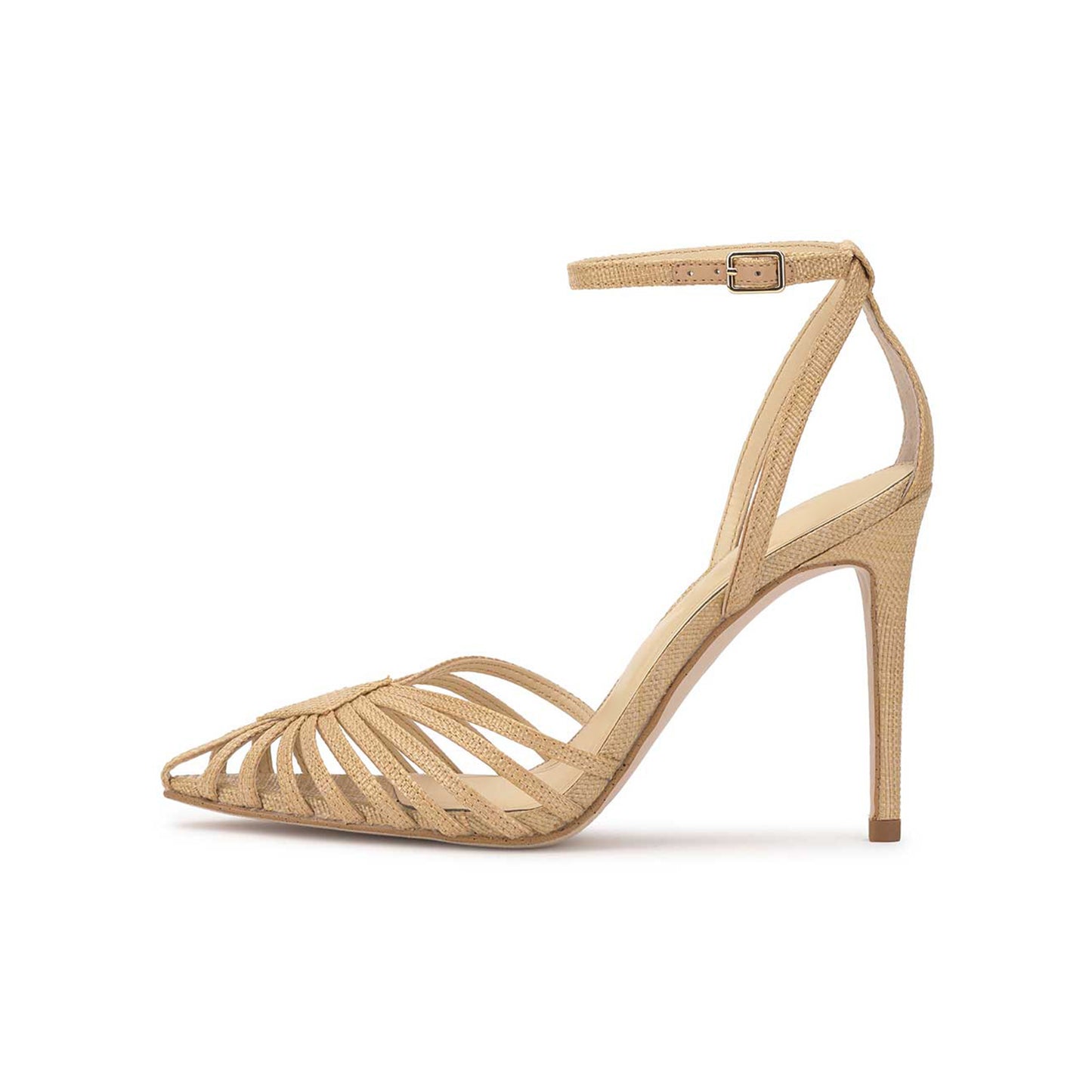 Nude Grass Woven Pointed-Toe Front Strappy Ankle Strap Pumps High Heels