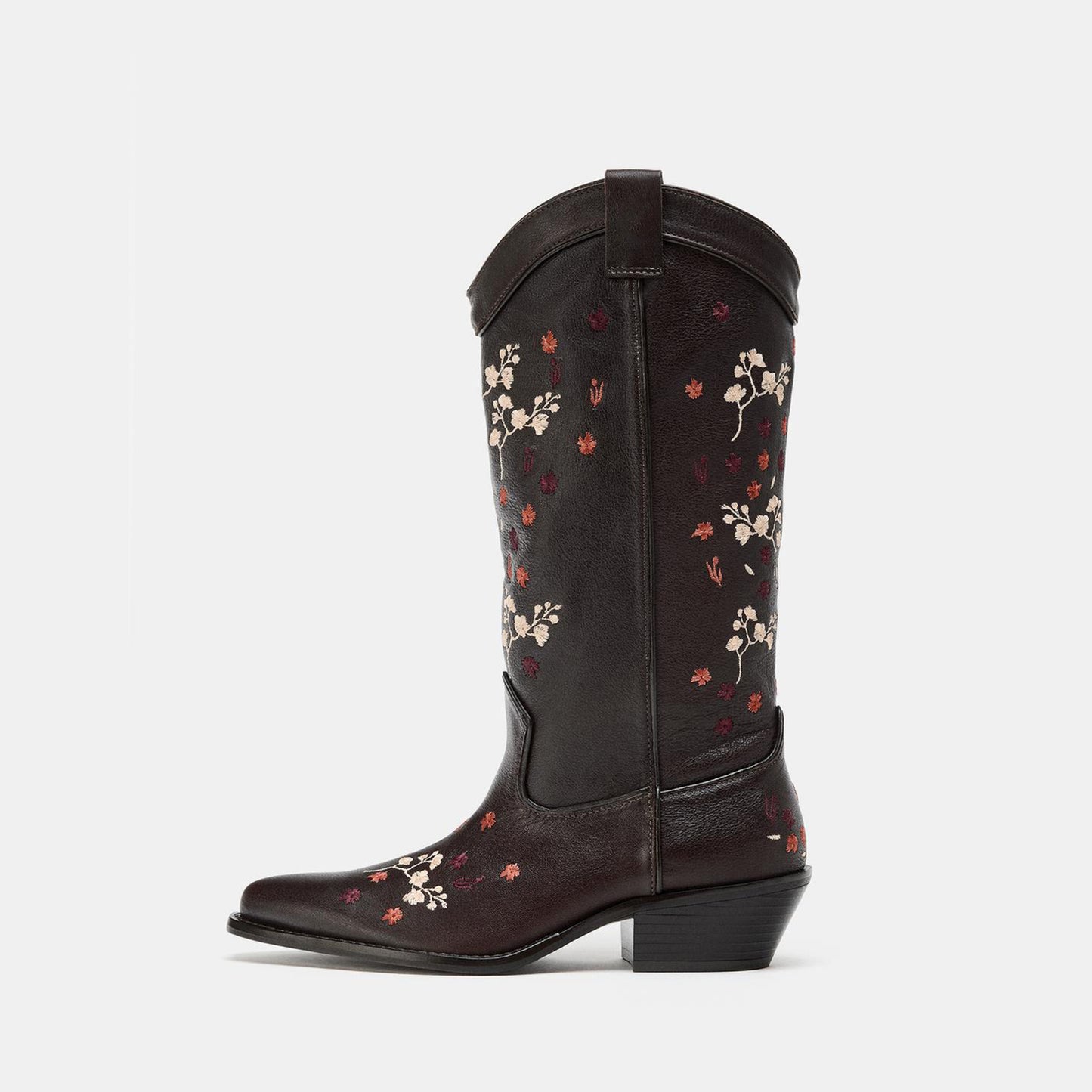 Brown Snip-Toe Plum Blossom Embroidery Mid Calf Chic Cowgirl Boots