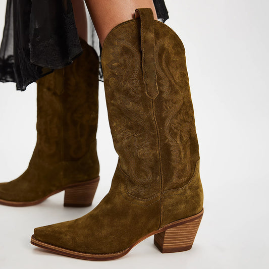 Khaki Faux Suede Snip-Toe Classic Embroidery Mid Calf Cowgirl Boots