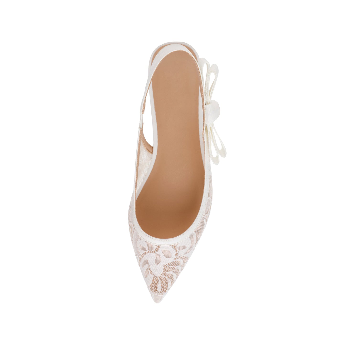 White Lace Mesh Pointed-Toe Slingback With Bow Flats