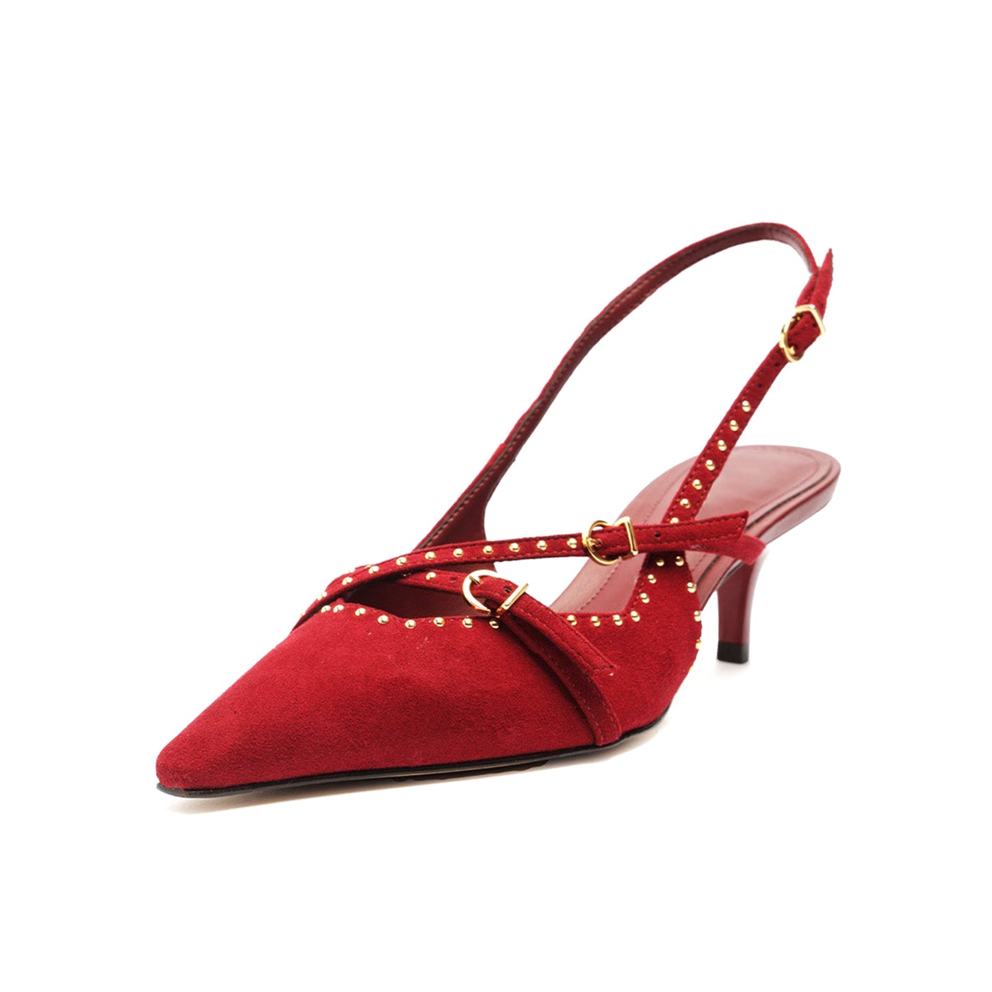 Red Faux Suede Pointed-Toe Studded Strappy Slingback Kitten Heels