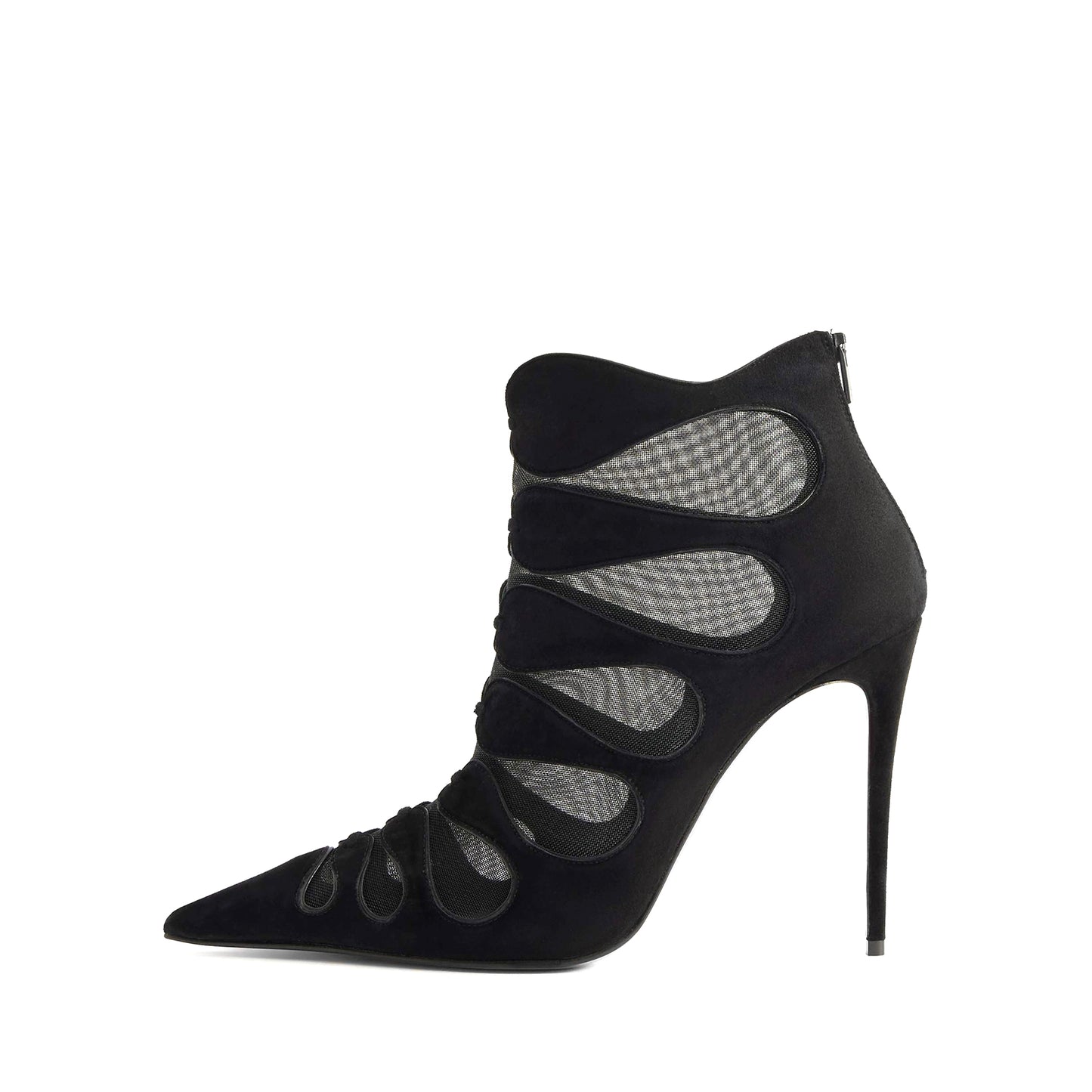 Black Faux Suede And Mesh Pointed-Toe Back Full-Zip Ankle Stiletto Boots