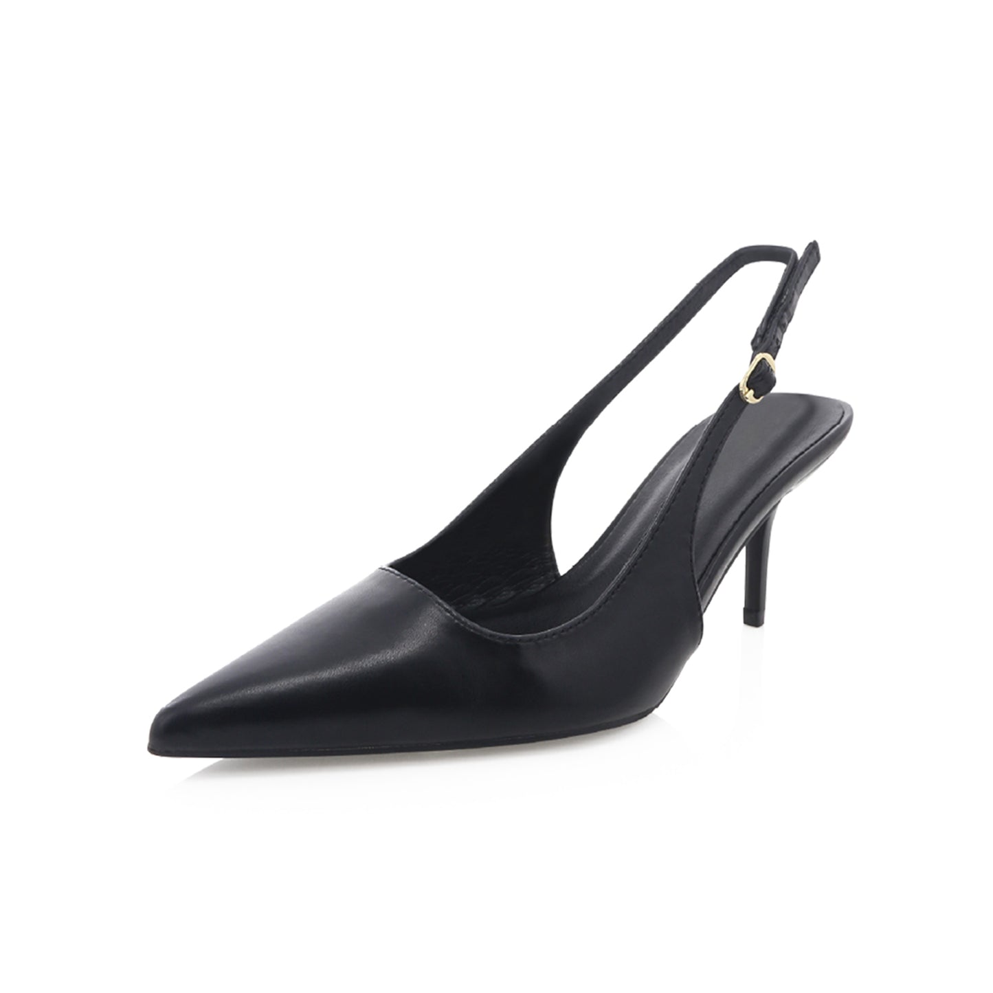 Black Pointed-Toe Slip-On Slingback Kitten Heels