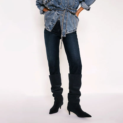 Navy Blue Faux Suede Pointed-Toe Wide Calf Knee High Stiletto Boots