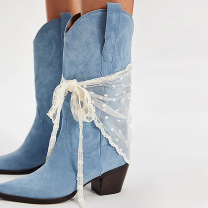 Blue Faux Suede Snip-Toe Classic Embroidery Mid Calf Cowgirl Boots