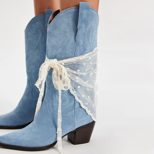 Blue Faux Suede Snip-Toe Classic Embroidery Mid Calf Cowgirl Boots