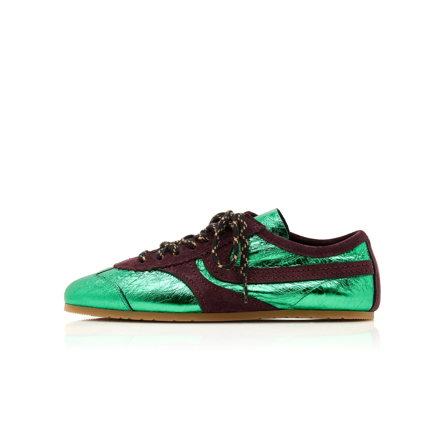 Green Contrast Faux Suede And Metallic Vegan Leather Square-Toe Lace-Up Sneakers Flats