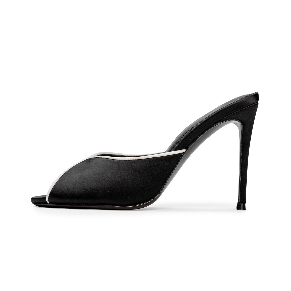 Black Satin Peep Round-Toe Slip-On Backless High Heels