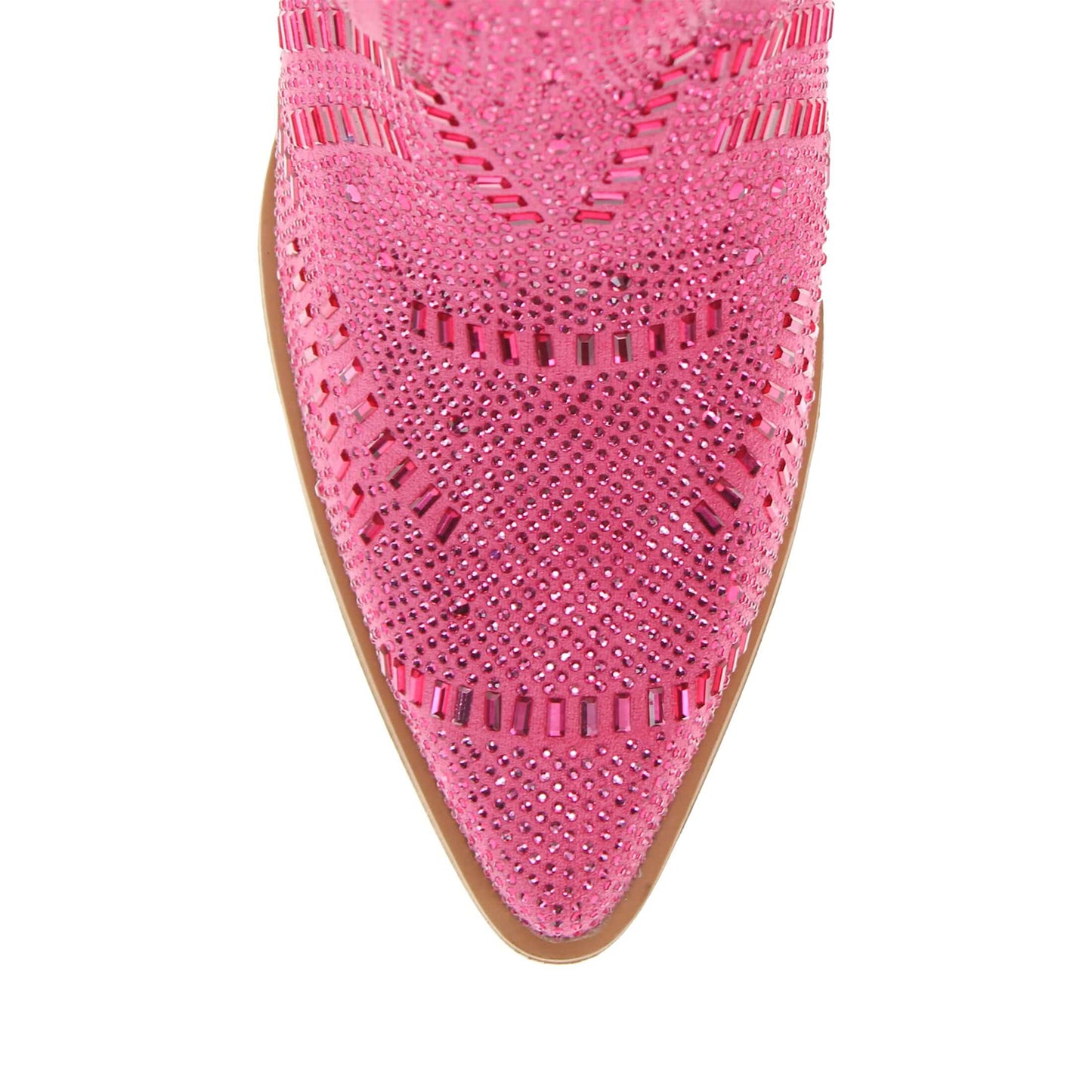 Pink Faux Suede Pointed-Toe Full Crystals Wide Calf Knee High Cowgirl Boots
