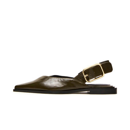 Olive Green Vegan Leather Pointed-Toe Slingback Buckle Flats