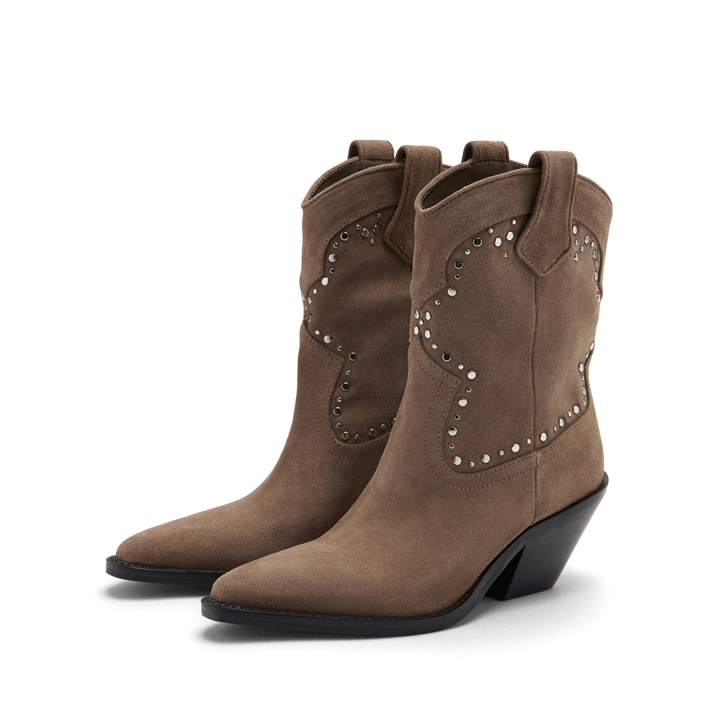 Dark Sand Faux Suede Pointed-Toe Studded Chic Ankle Cowgirl Boots
