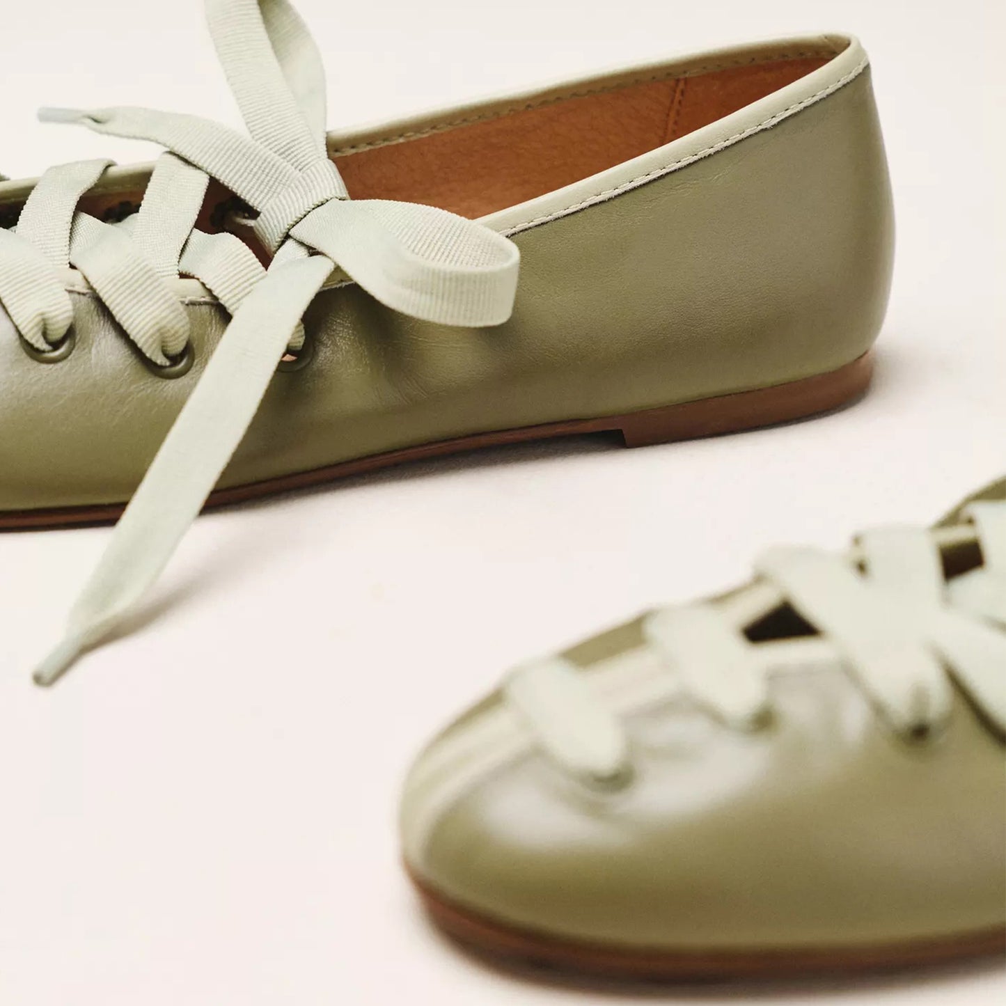 Sage Green Round-Toe Brown Lace-Up Ballet Flats