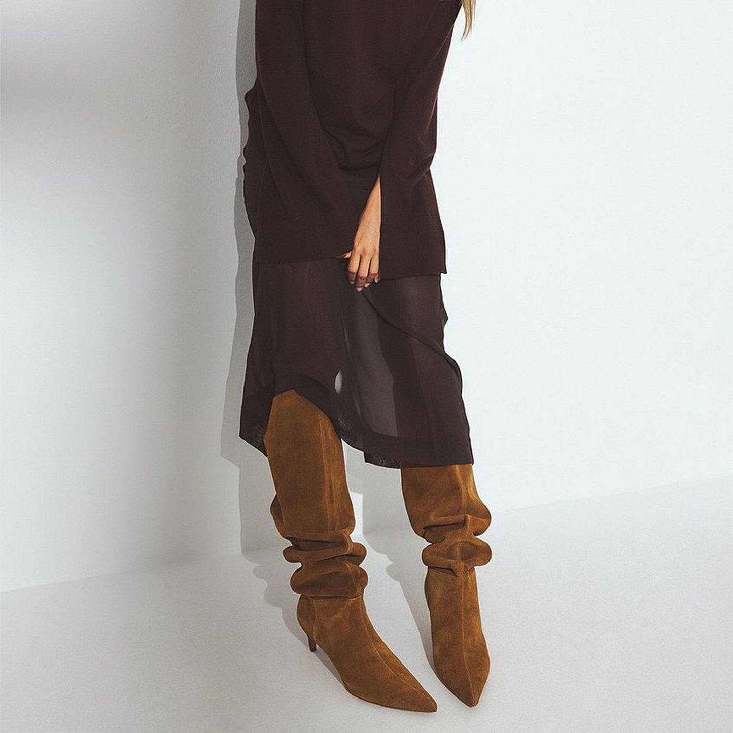 Tan Faux Suede Pointed-Toe Chic Wide Calf Knee High Stiletto Boots