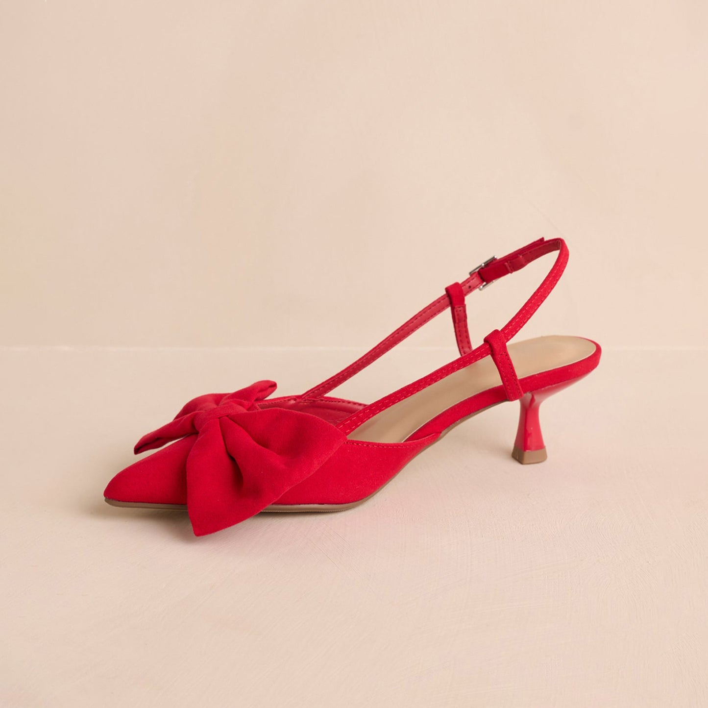 Red Faux Suede Pointed-Toe Front Bow Slingback Kitten Heels
