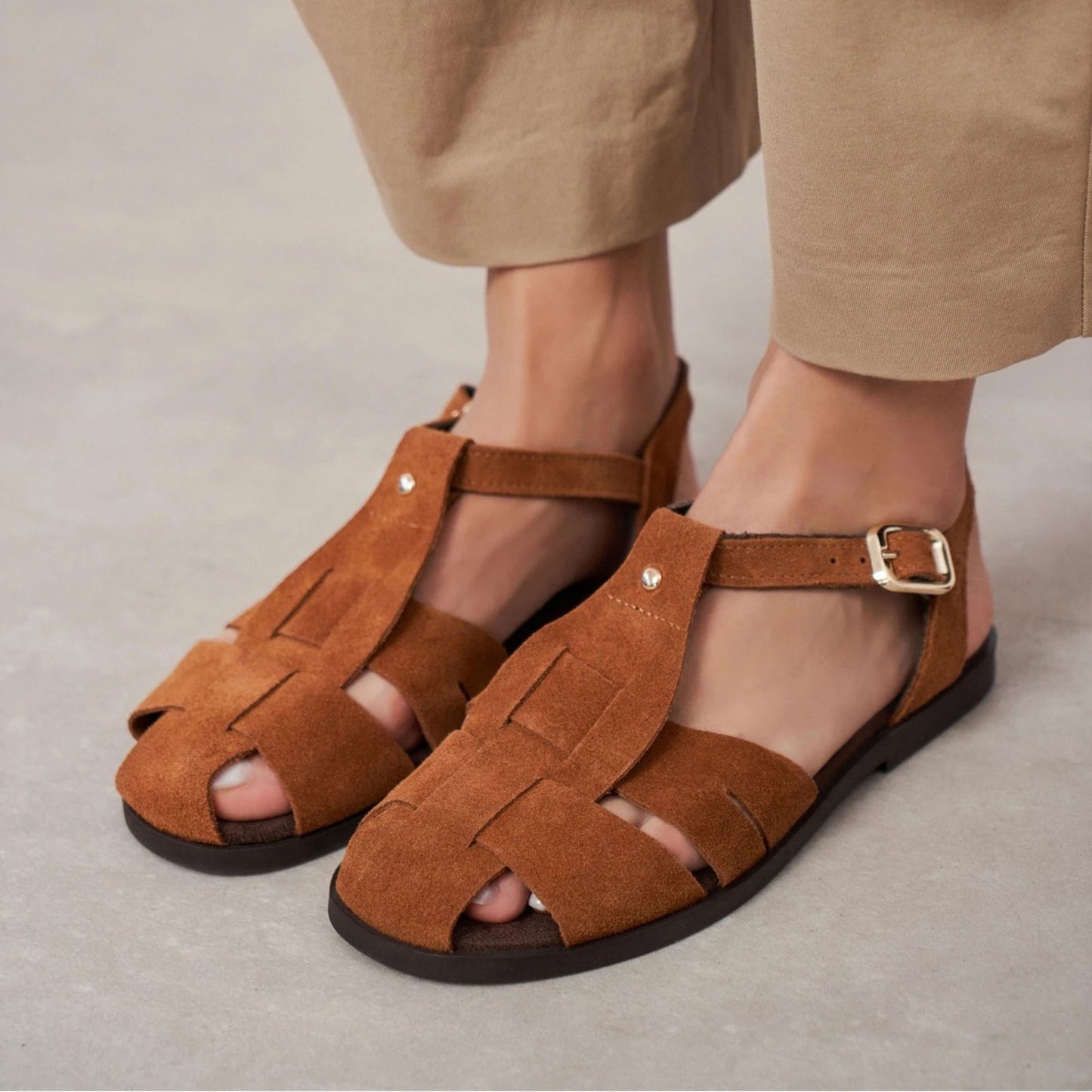 Brown Cow Suede Round-Toe Caged Detail Buckle Sandals Flats