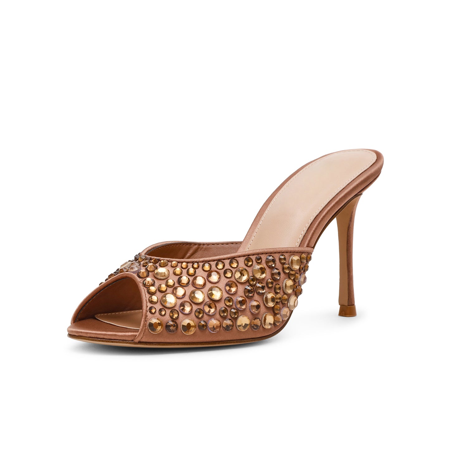 Bronze Satin Open Almond-Toe Rhinestone Backless High Heels