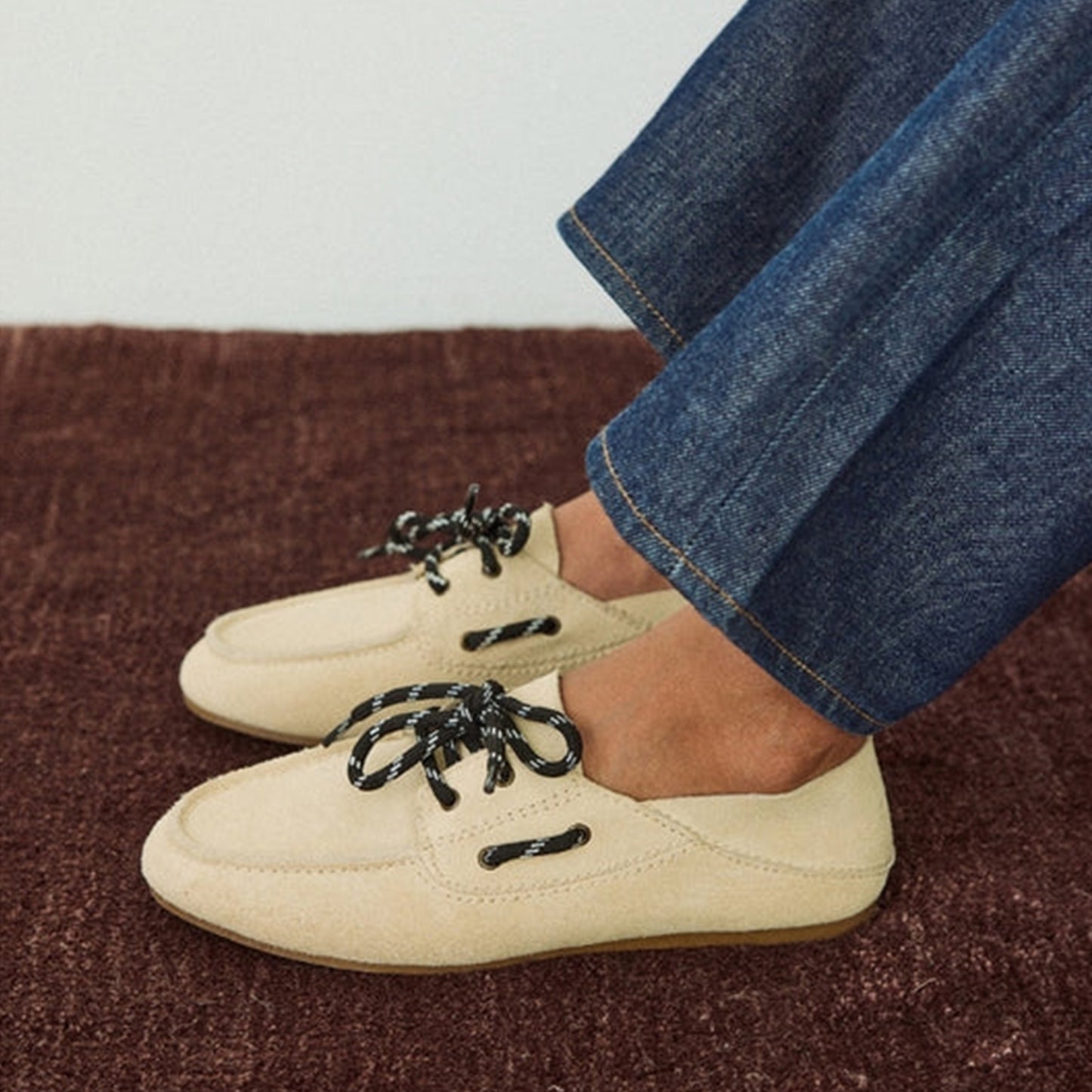 Nude Cow Suede Round-Toe Lace-Up Boat Shoes Flats