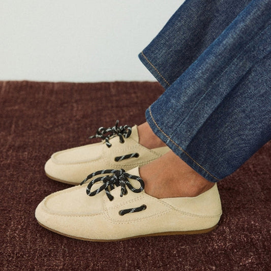 Nude Cow Suede Round-Toe Lace-Up Boat Shoes Flats