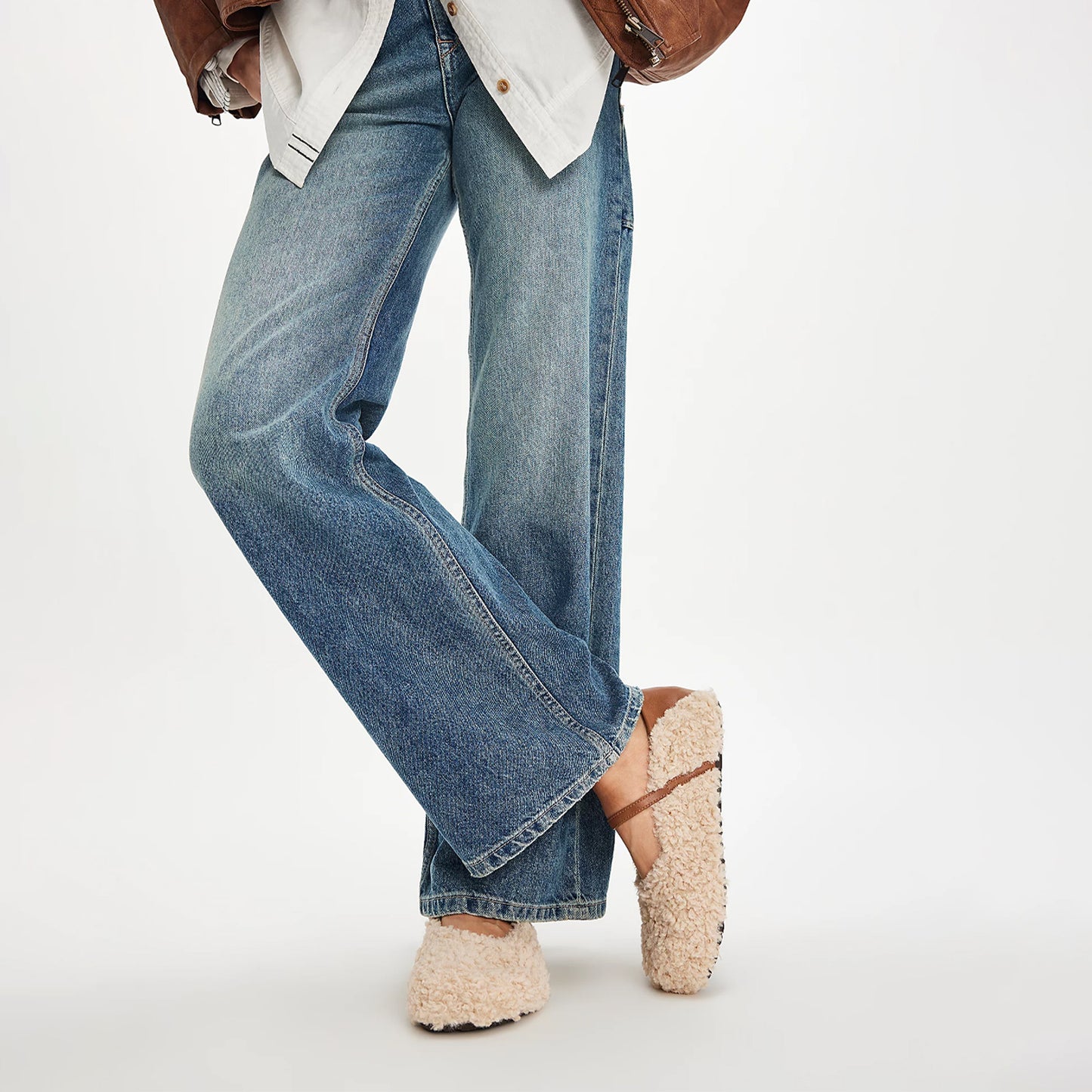 Nude Plush Square-Toe Vegan Leather Bridge Strap Ballet Flats