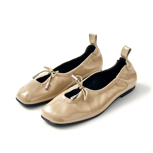 Patent Beige Square-Toe Stretchy Ballet Flats